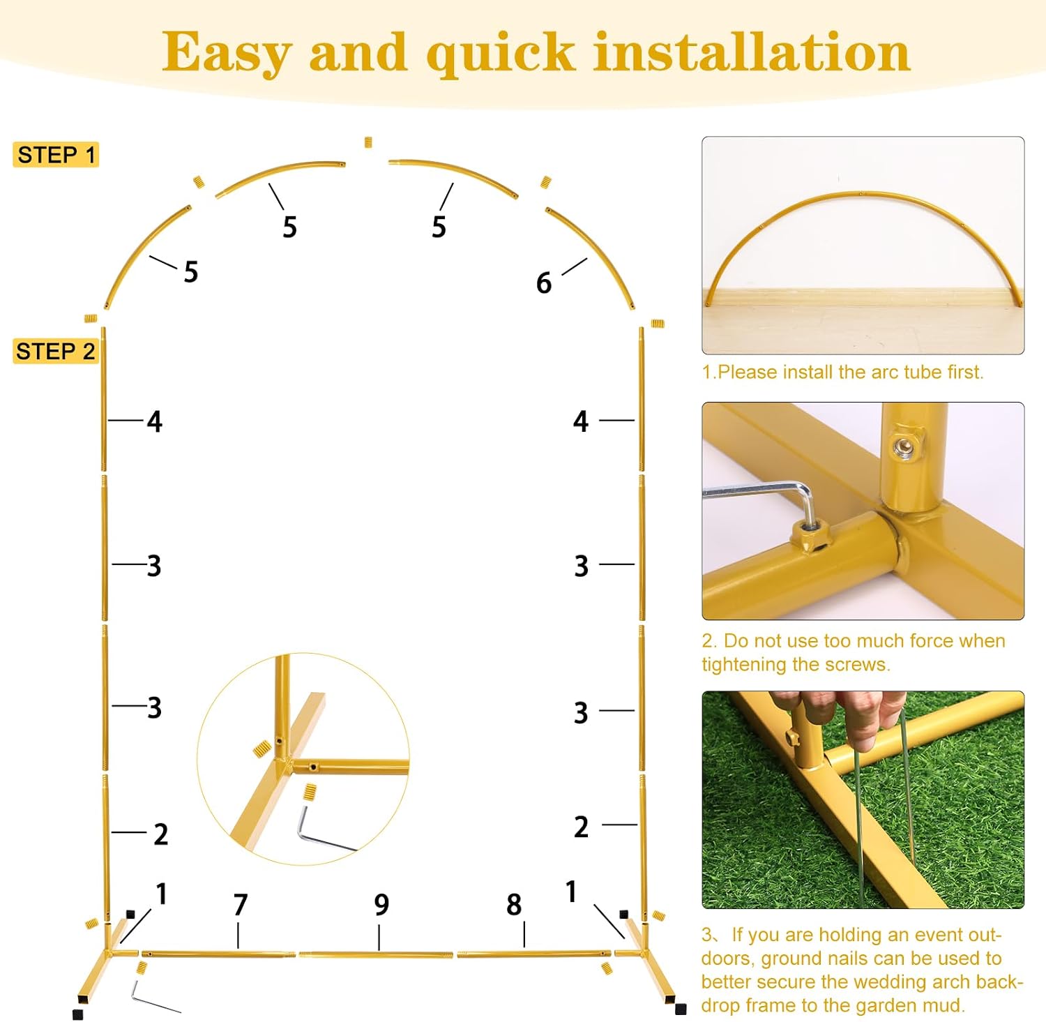 RUBFAC 6.6 FT Arch Backdrop Stand, Metal Gold Wedding Arch Frame, Floral Balloon Arch Stand for Birthday Baby Shower Bridal Anniversary Graduation Ceremony Party Backdrop Decoration