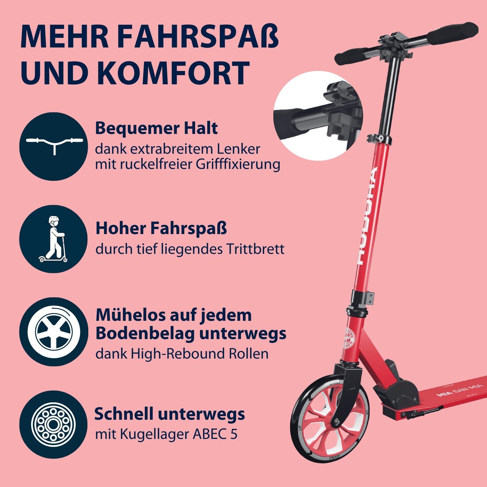 HUDORA Scooter Up 200 - Fanroller FC Bayern München Edition - FCB-Roller für Kinder/Jugendliche & Erwachsene bis zu 100 kg - Höhenverstellbarer FC Bayern Tretroller - Zusammenklappbarer Kick-Scooter