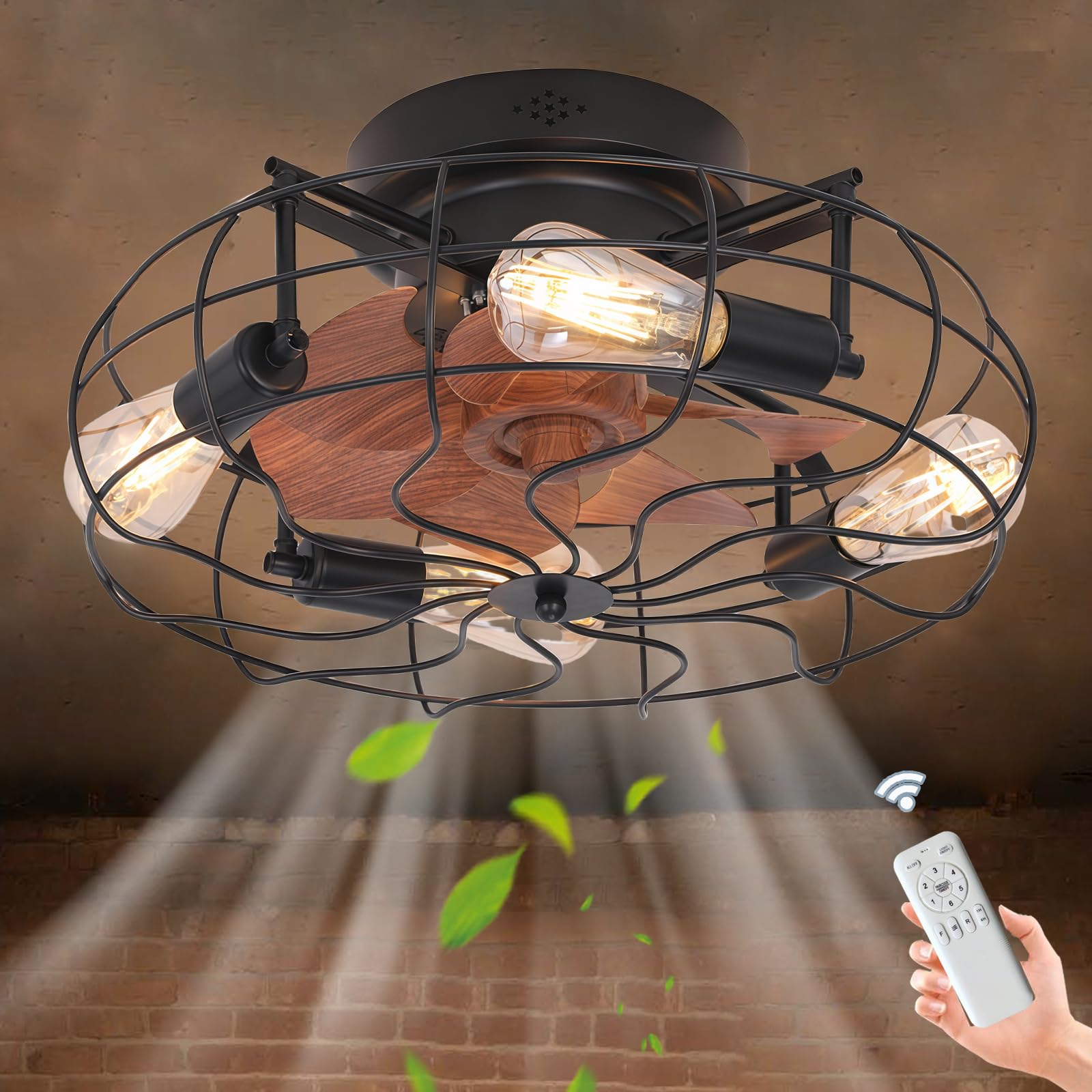 HXYSXHJUO 50CM Cage Ceiling Fans with Lights and Remote, 6 Speeds Industrial Fan Lamps Reversible DC Motor for Living Room, Dining Restaurant, Bedroom, Lounge-A