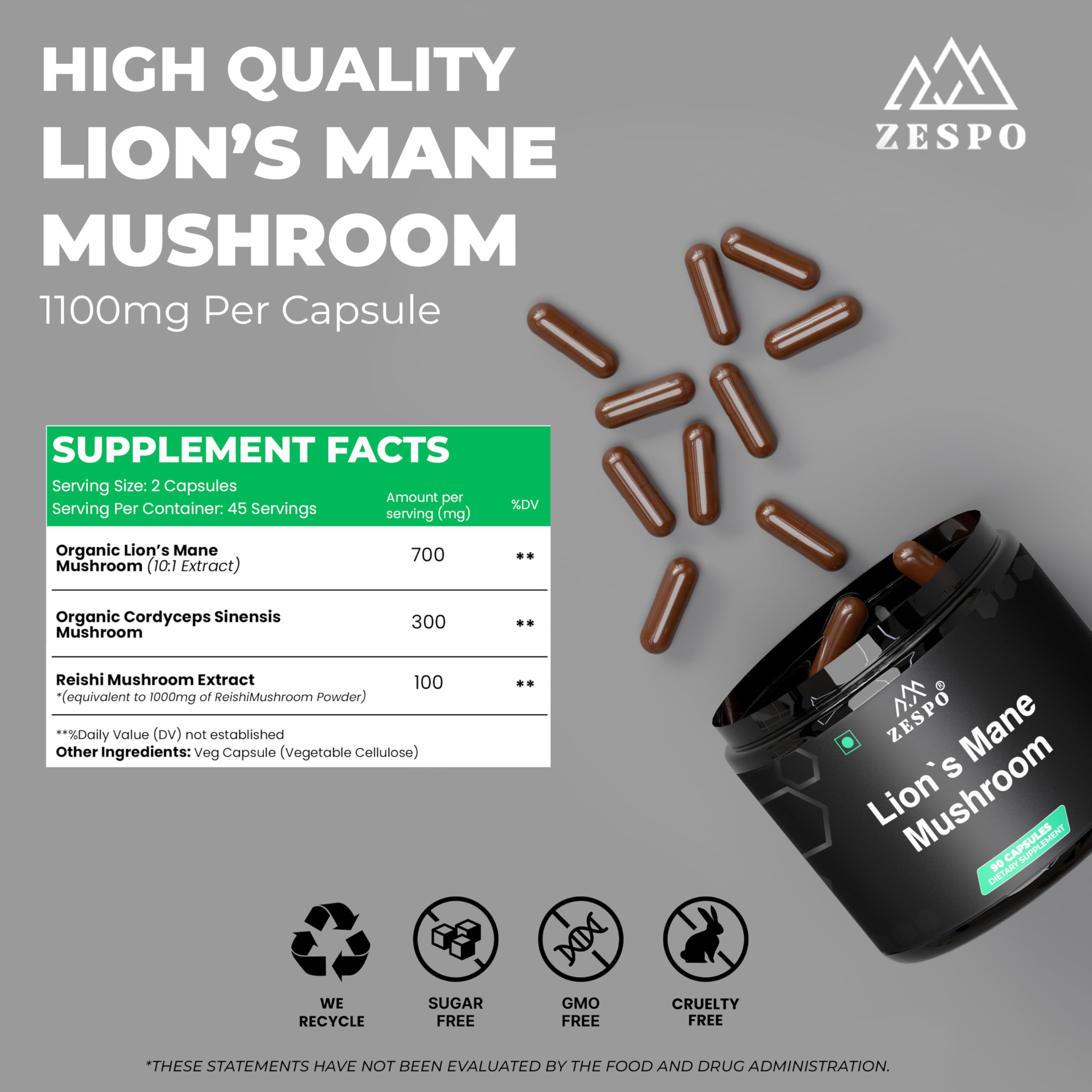 Zespo Lion’s Mane Mushroom Supplement with Cordyceps & Reishi 1100Mg per Serving Brain Health, Focus, Immune Support & Energy Boost Organic, Non-GMO, Vegan Supplement - 90 Capsules 1