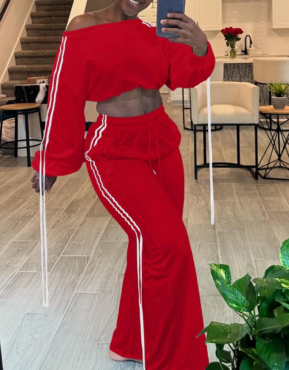 acelyn 2 Piece Outfits for Women Off Shoulder Jogging Sweatsuits Long Sleeve Crop Top Wide Leg Pants Matching Sets Tracksuit - Image 4