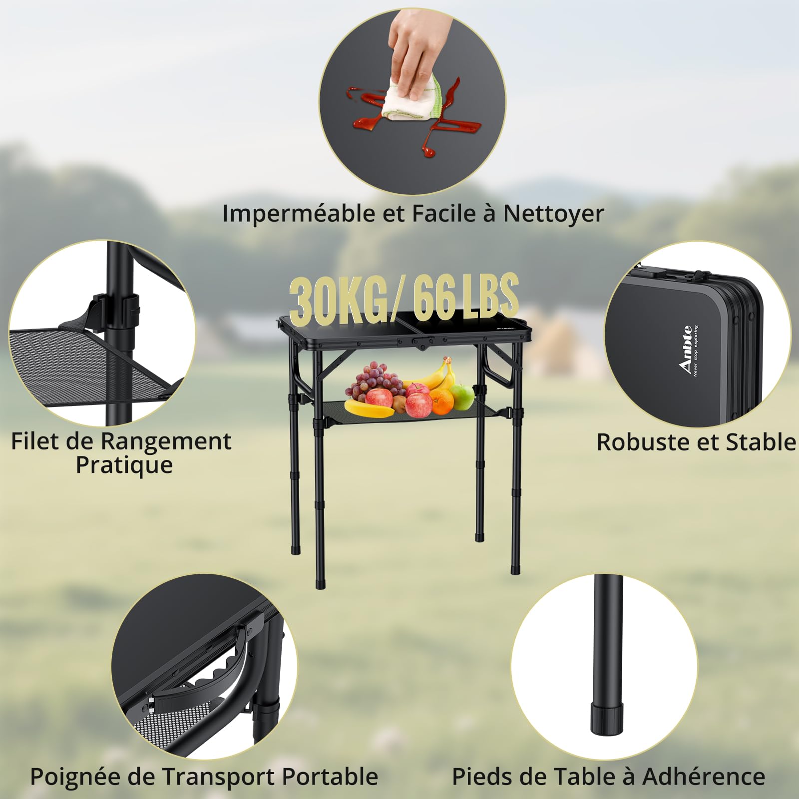 Anbte Table Pique-Nique Pliante 58x40x26/48/67 cm en Aluminium, Noir | Table de Camping avec Filet de Rangement, Légère et Portable avec Plateau en MDF pour Extérieur/Intérieur, Plage, Camping