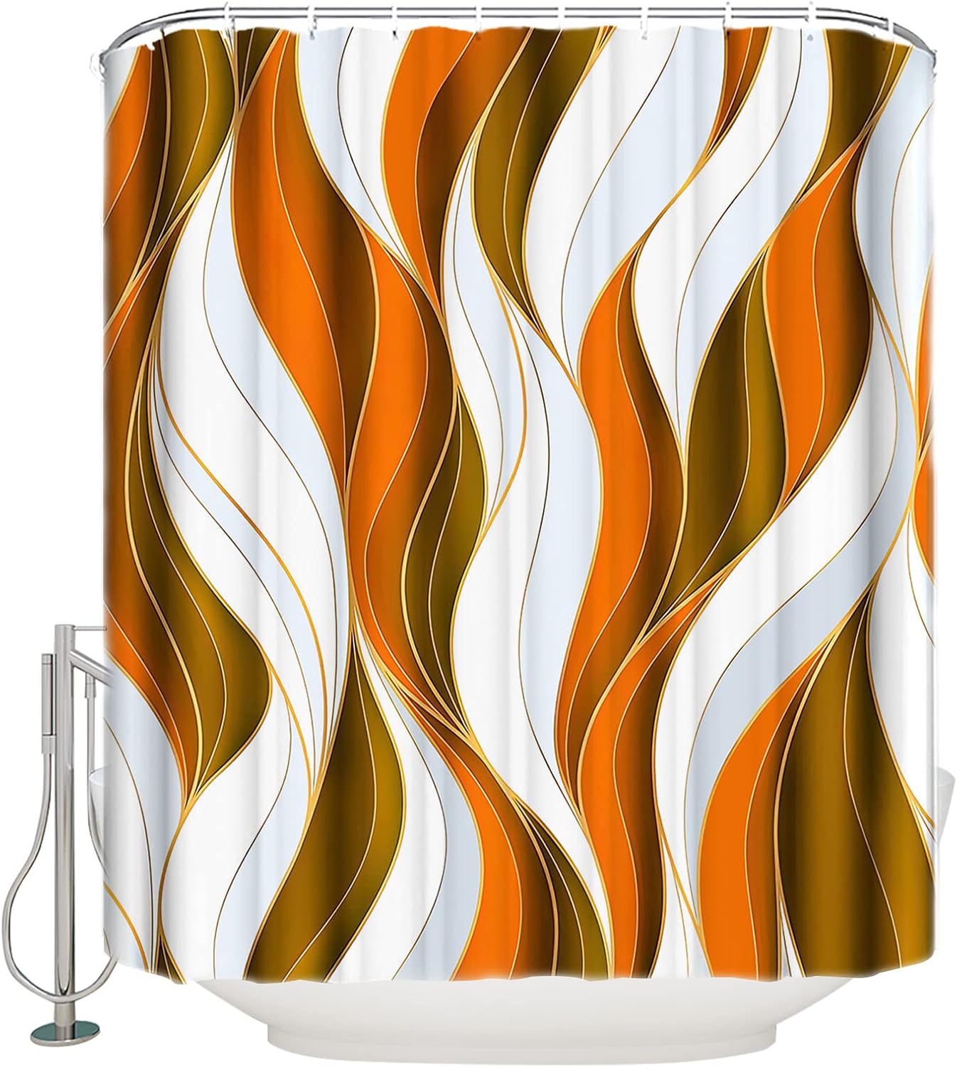 Shower Curtains for Bathroom Accessories, Orange Brown Polyester Fabric Bathtub Curtain with 12 Hooks, White Moire Geometric Modern Abstract Art Waterproof Shower Curtains 72 x 72 Inches