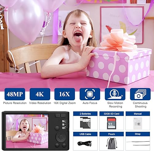 Miniatura 7 de Cámara digital 4K de 48 MP cámara compacta para niños enfoque automático zoom digital 16X cámara portátil para niños niñas principiantes con tarjeta