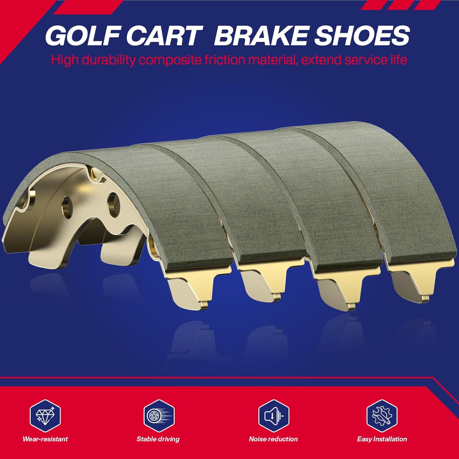 Golf Cart Universal Brake Shoes, Golf Cart Brake Shoes Fit 1995-UP Club Car DS, 2004-UP Precedent, 1986.5-1995 EZGO, Yamaha G1 G2 G8 G9, Replace OEM# 101823201 23364G1 (2 Short & 2 Long)