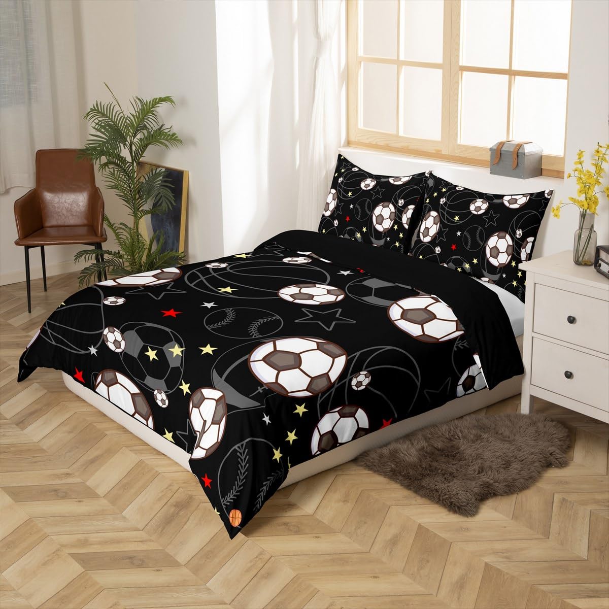 meiyoeat Soccer Duvet Cover Toddler Size Ball Sports Game Comforter Cover Boys Teens Star Print Bedding Set Breathable Gift for Soccer Lover Bedroom Decor