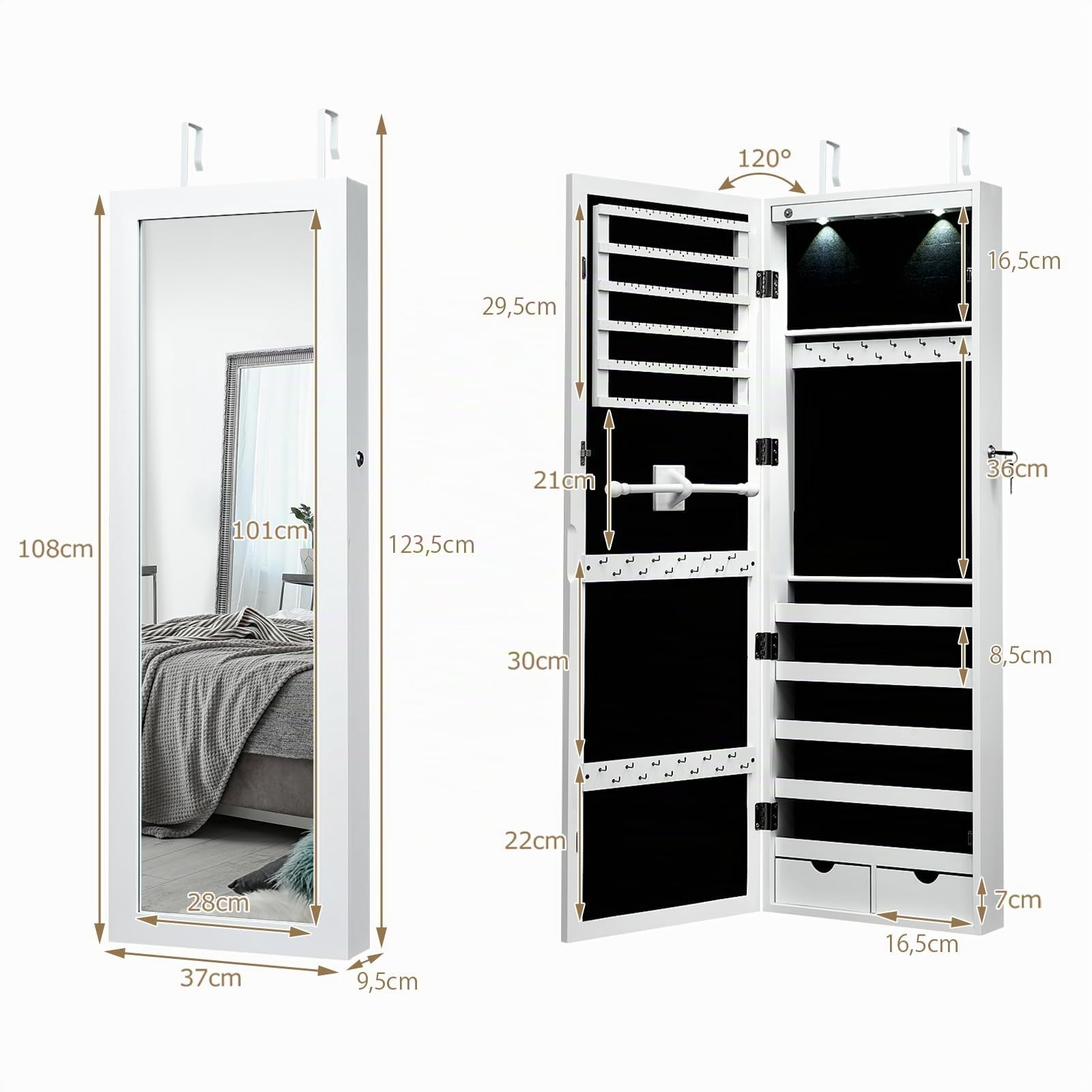 GOPLUS Armario Joyero, Espejo Joyero de Pared, con Luces LED y Cierre, llaves, Almacenamiento para Pendiente Collar, Organizador de Maquillaje con Espejo y 2 Cajones (Blanco, 108 x 37 x 9,5 cm)