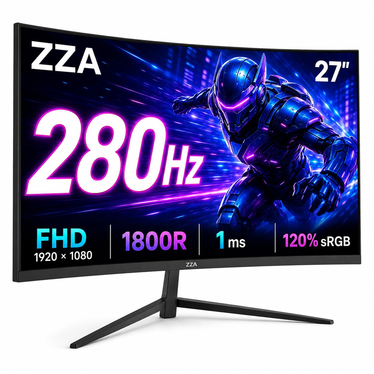 ZZA 27 Zoll Curved Gaming Monitor, 280Hz FHD PC-Monitor, 1800R 120% sRGB