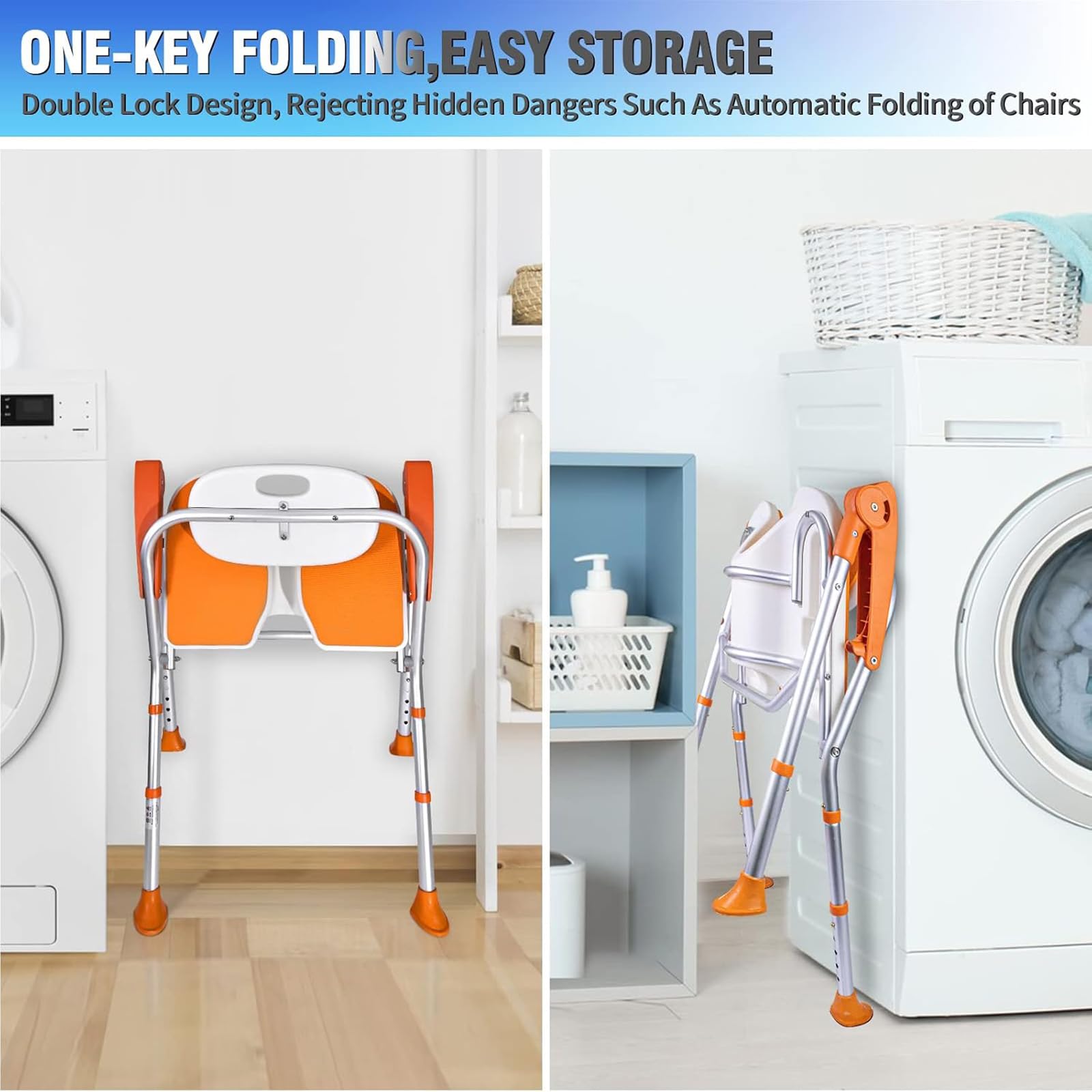 Silla de Ducha con Brazos, Taburete de Ducha Plegable con Respaldo, Silla de Ducha Regulable en Altura para Personas Mayores, Embarazadas, Discapacitados