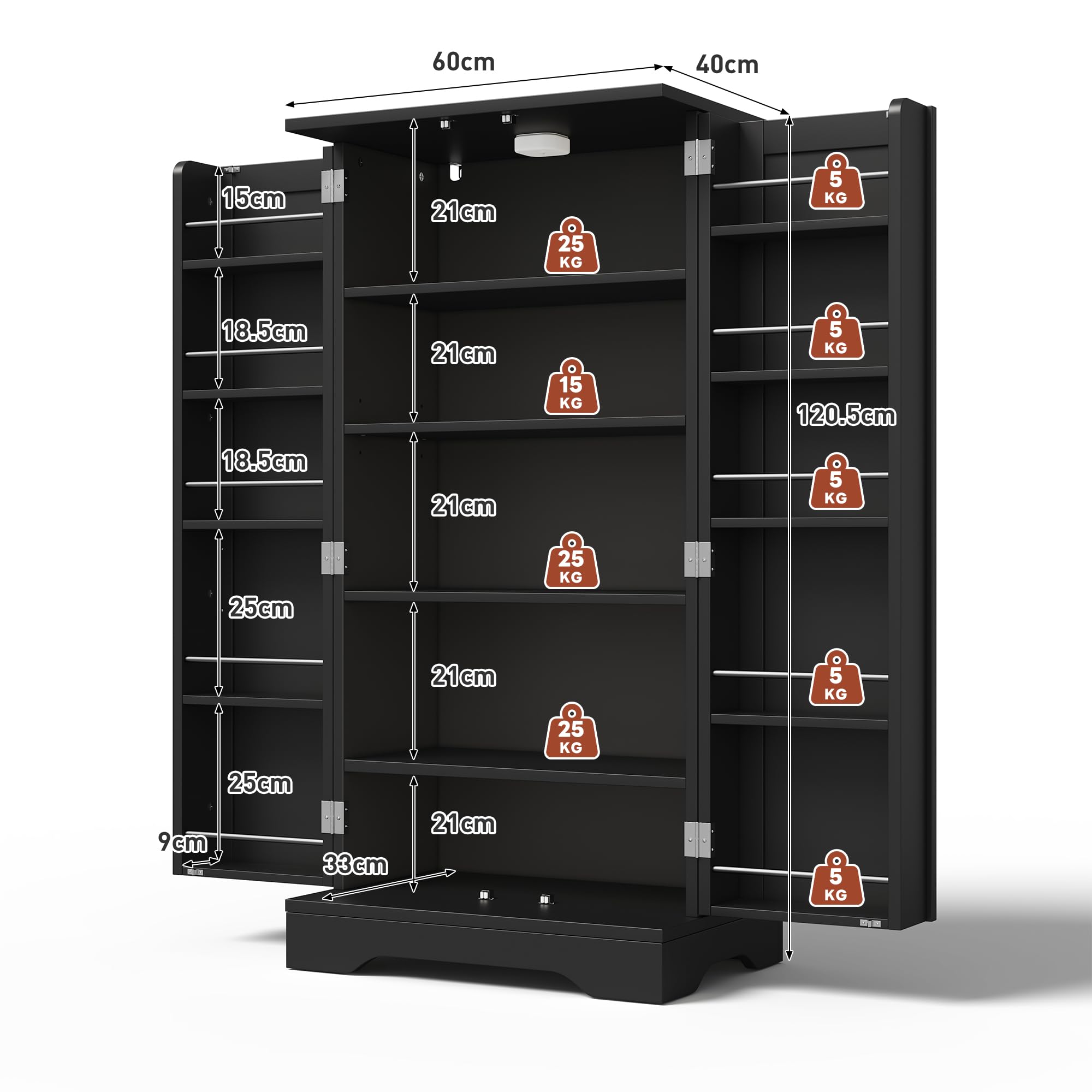 Credenza Nera Cucina 120cm Mobile Credenza Cucina Con LED Sensor Integrato, Struttura Compatta Con 2 Ante E Ripiani Regolabili, Buffet Funzionale Per Cucina Esszimmer Living