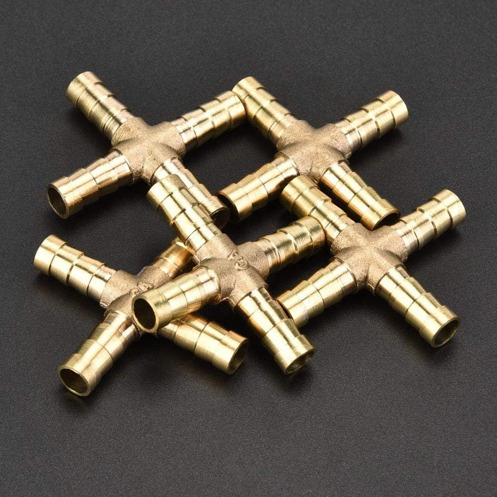 5pcs Brass Cross Fitting, Brass 4 Way Hose Barb Cross Fitting Connector Joint Copper Barbed Adapter Air Water Oil Gas Fuel (8mm)