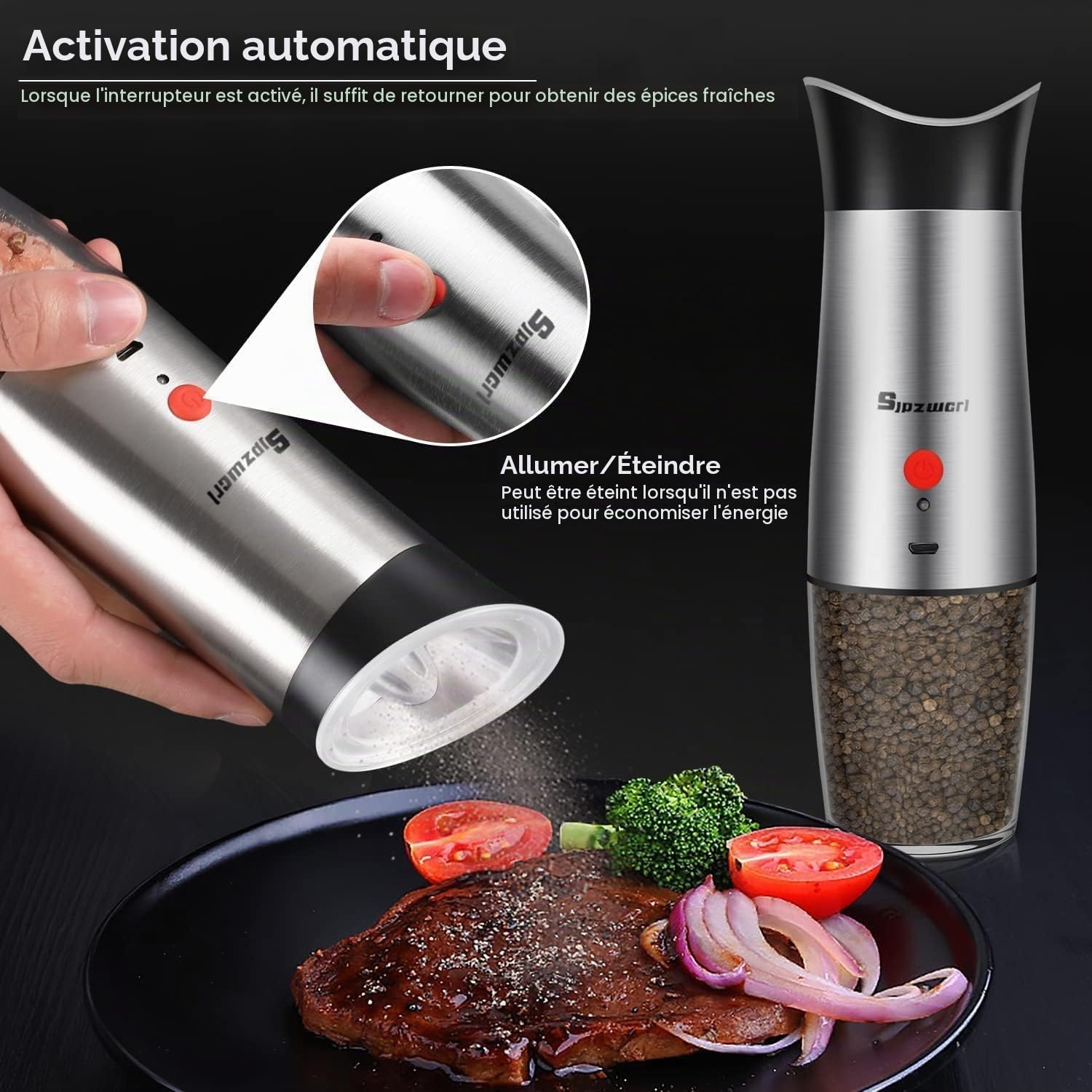 Moulin à Poivre Sel Électrique: Rechargeable USB 170ml Inox | Mouture réglable, gravité, avec éclairage LED. Salière et poivrière automatique