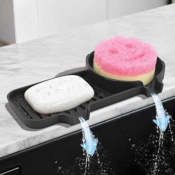 Upgraded 2-in-1 Silicone Sponge & Soap Holder with Extra Tray, Auto-Drain Organizer for Kitchen & Bathroom Sink, Compatible with Scrub Daddy Sponges, Holds Soap, Dish Soap Dispenser