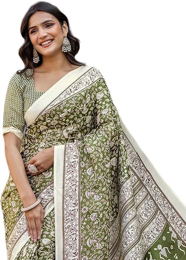 SIRIL Women's Khadi Cotton Printed Saree With Unstitched Blouse Piece