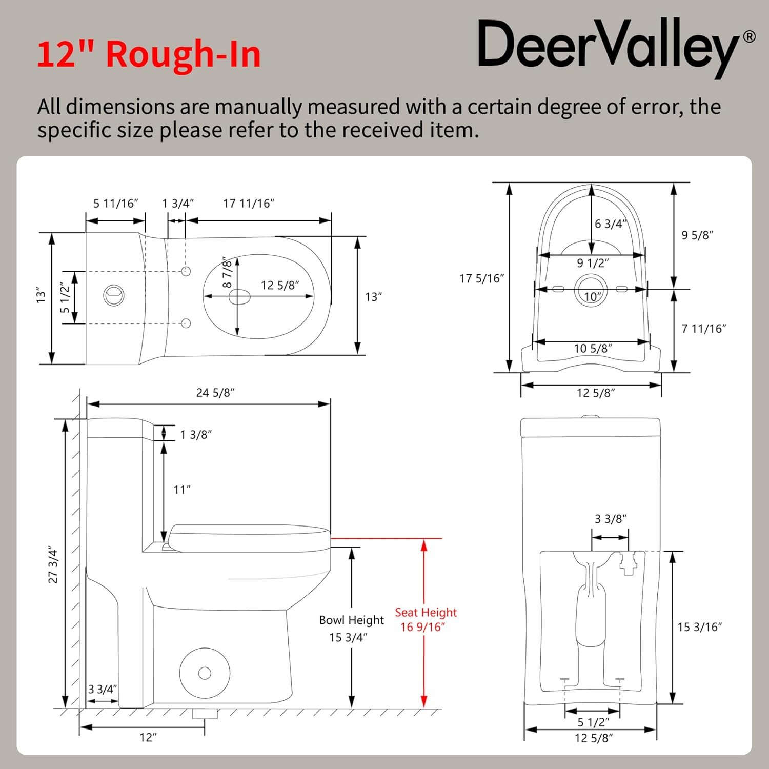 DeerValley Compact One Piece Toilet With Soft Closing Seat in High Gloss Black Finish Featuring 12 Inch Rough-In Modern Style for Contemporary Bathrooms