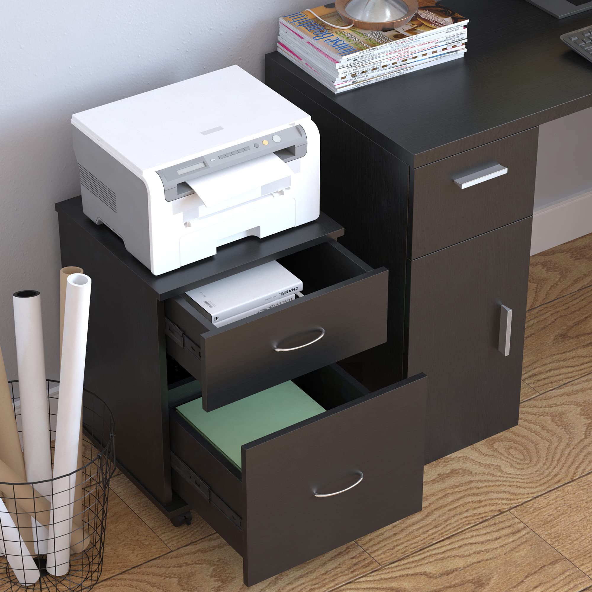 HOMCOM Cassettiera a Rotelle da Ufficio Salvaspazio in Legno, 41x39x58cm, Nero