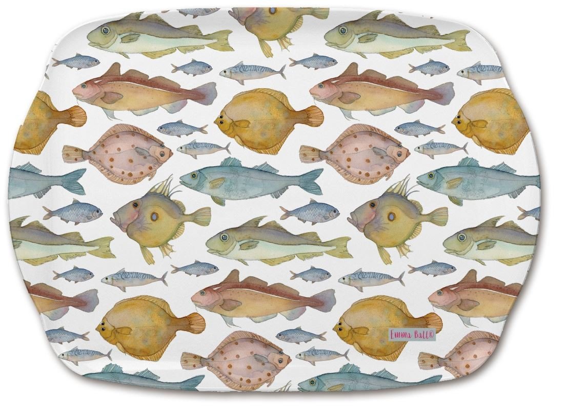 British Fish Design - Cod, Haddock, Bass, Plaice - Emma Ball Colourful Melamine Tray - 35 cm