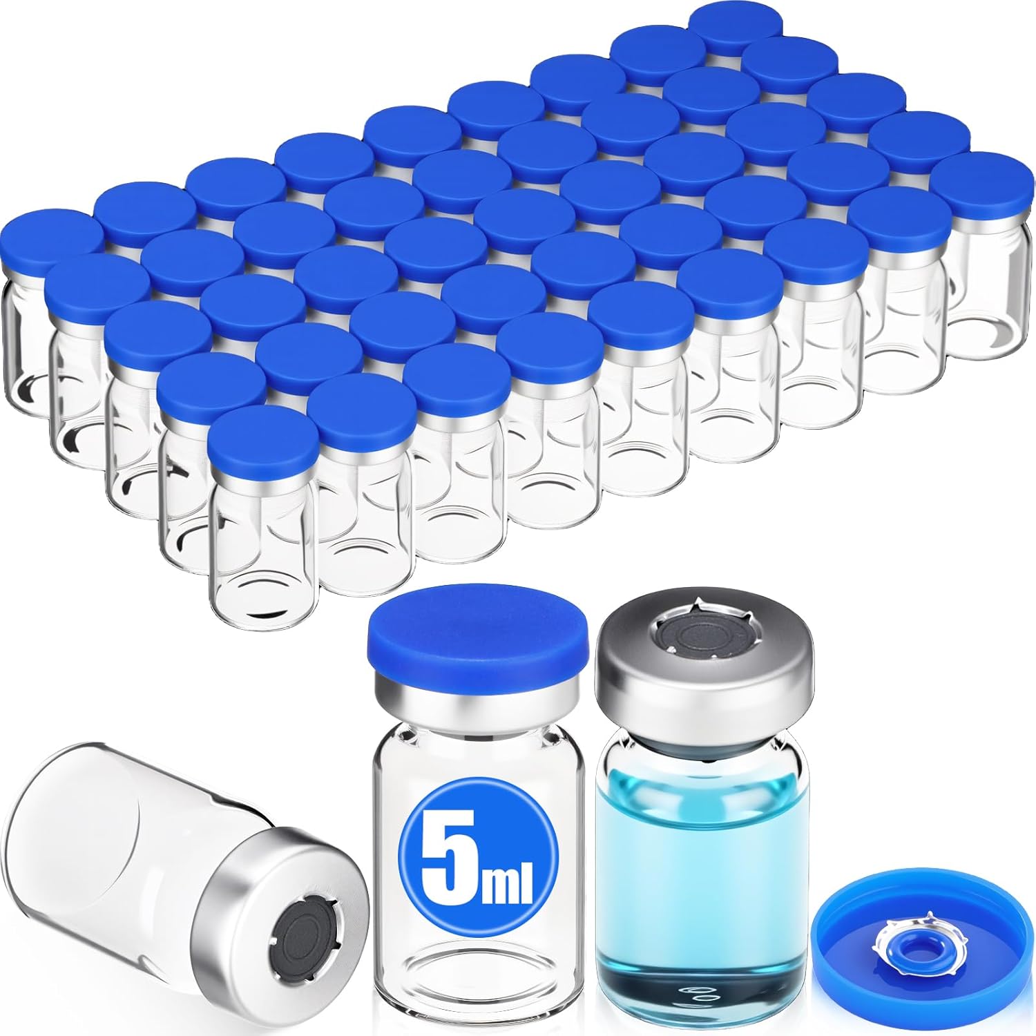 100 Pcs 5ml Sealed Empty Vials with Self Healing Injection Port Clear Glass Empty Vials with Plastic-aluminum Flip Caps and Rubber Injection Stoppers Flat Bottom Lab Vial(Blue Lid)