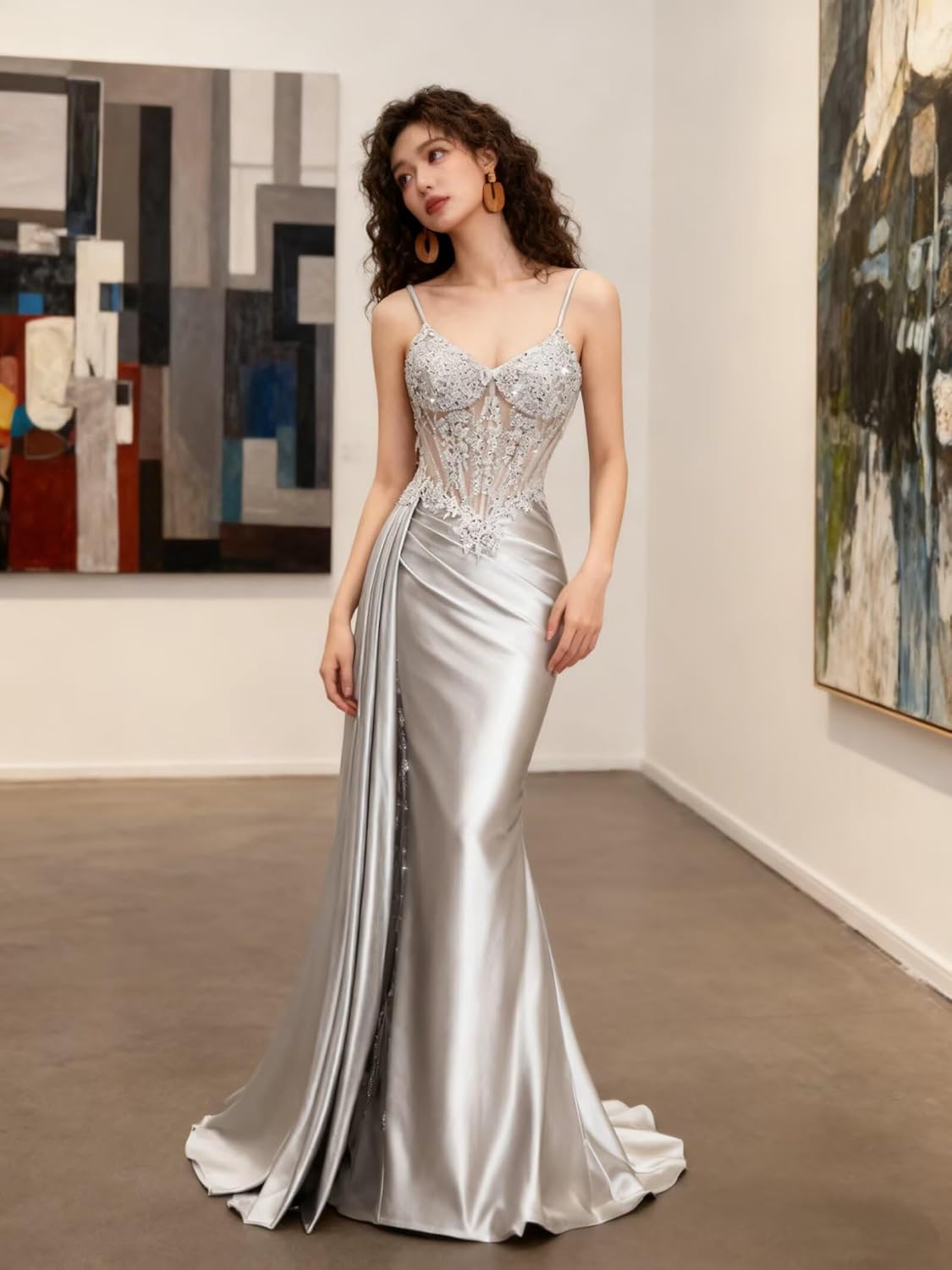 Rjer V Neck Mermaid Satin Prom Dresses 2025 Lace Appliques Corset Formal Evening Gowns with Train - Image 7