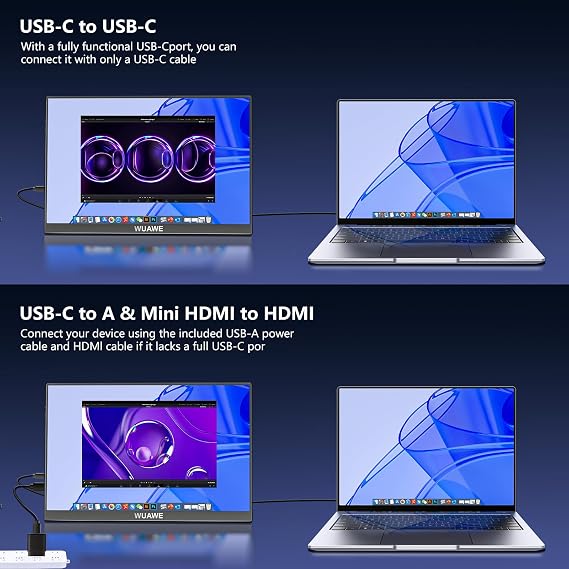 WUAWE Portable Monitor 16 1920x1200P 16:10 IPS Travel Monitor for Laptop with Built-in Stand, 100% sRGB Control USB-C HDMI,HDR Freesync Display, Plug&Play for Phone PS5 Switch(Black)