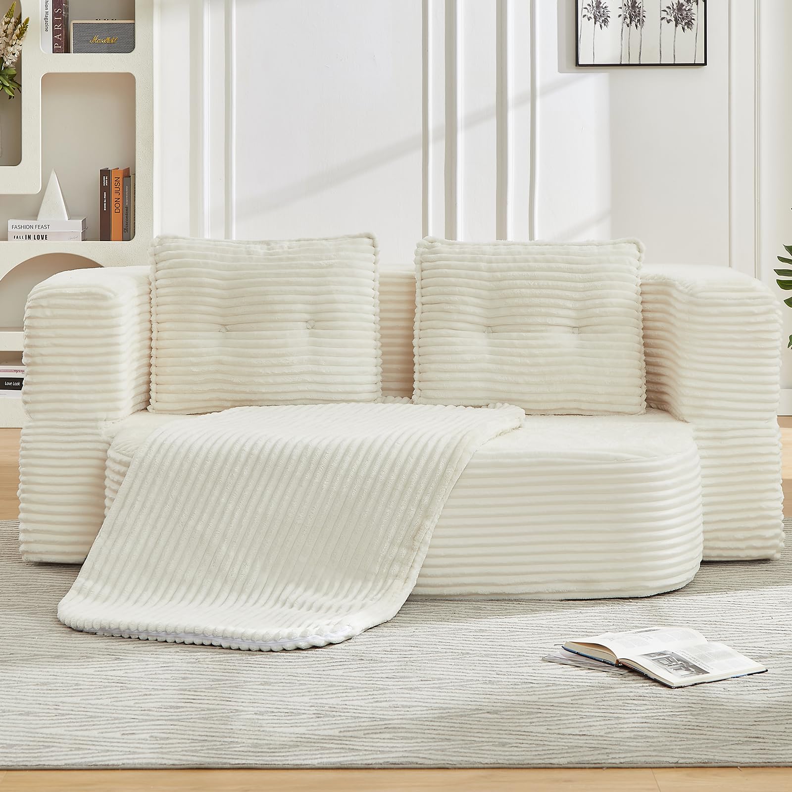 Hixkol 78.4" Convertible Sleeper Sofa Bed, Floor Couch Loveseat with Functional Blanket and 2 Soft Pillows,Corduroy Fabric Boneless Futon Couch for