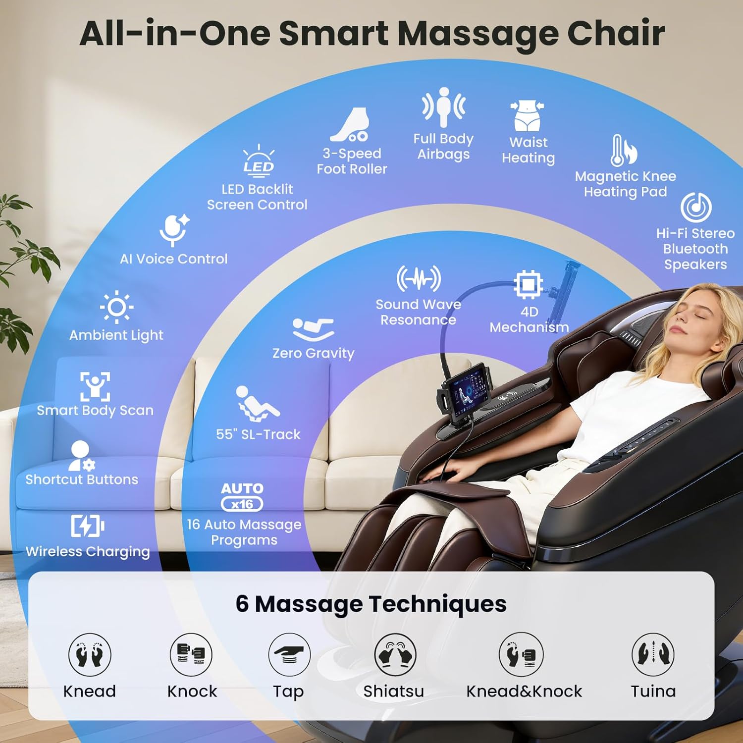 4D Music Rhythm Massage Chair Full Body, 2026 Unique Sonic Resonance Zero Gravity SL-Track Shiatsu Recliner with Knee Heating Blanket AI Voice Bluetooth Foot Roller Body Scan Airbags G9 Black - Image 7