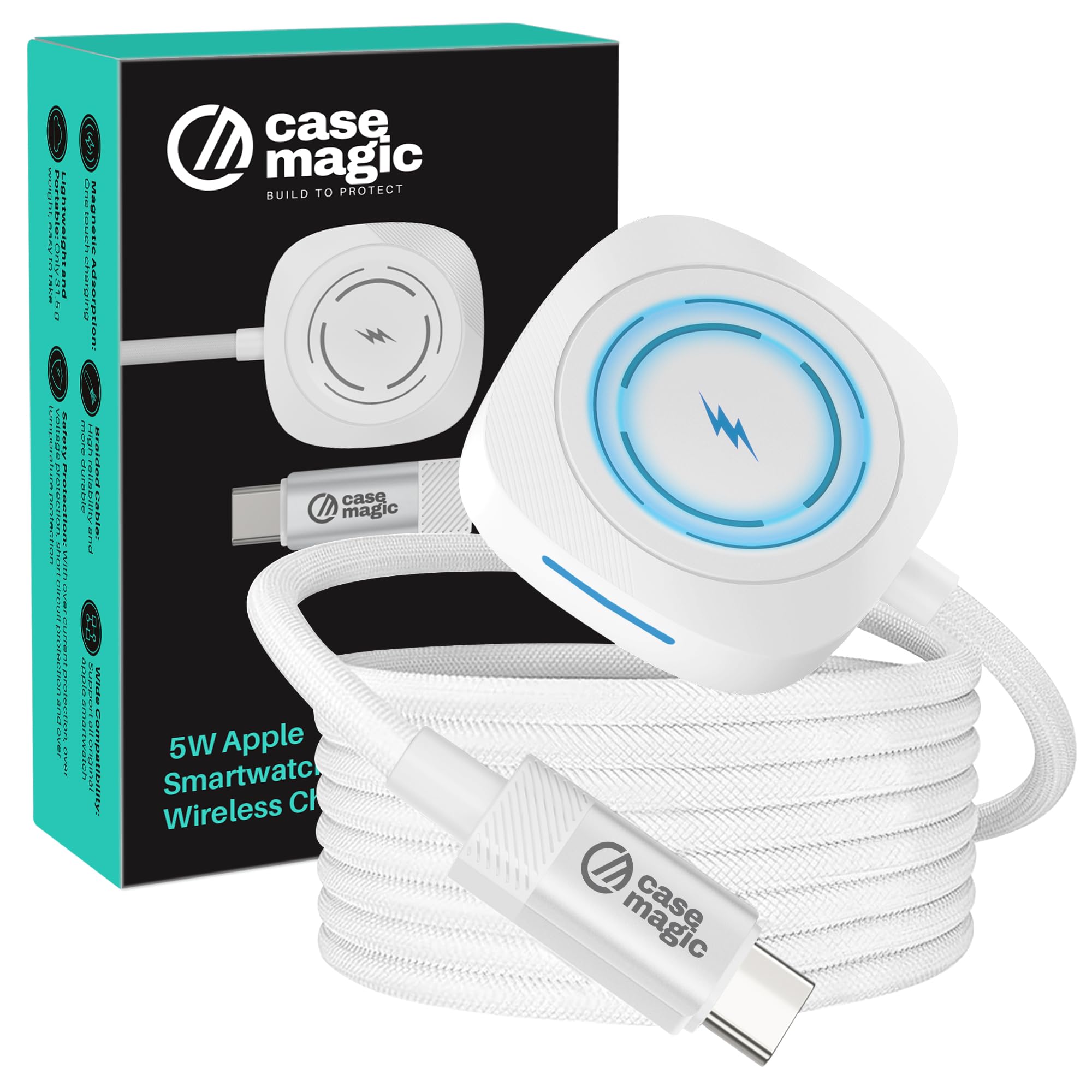 Case-Magic 60-Min Ultra-Fast Charging Cable Compatible for Apple Watch Series 10/9/Ultra 2/SE 2/8–1 | Braided USB-C with LED Charging Indicator