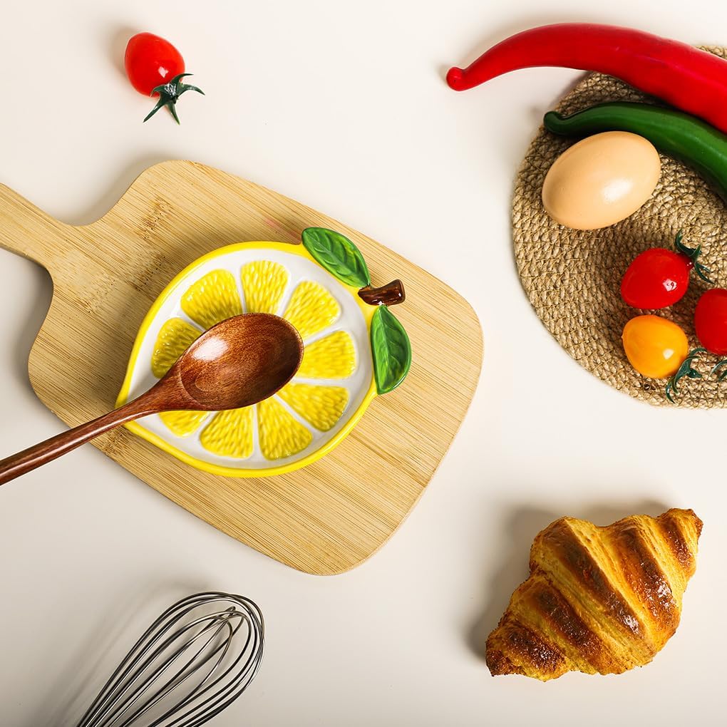 WAIT FLY Ceramic Lemon Spoon Rest Spoon Holder for Kitchen Counter/Stove Top Stable Utensil Rest-Yellow-A