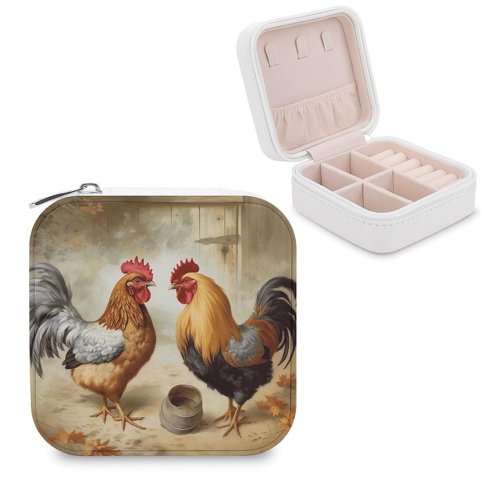 LZQPOEAS Chicken And Rooster Print Jewelry Box Small Jewelry Case PU Leather Portable Travel Jewelry Case, Large Capacity for Rings Earrings Necklaces Bracelets Watch