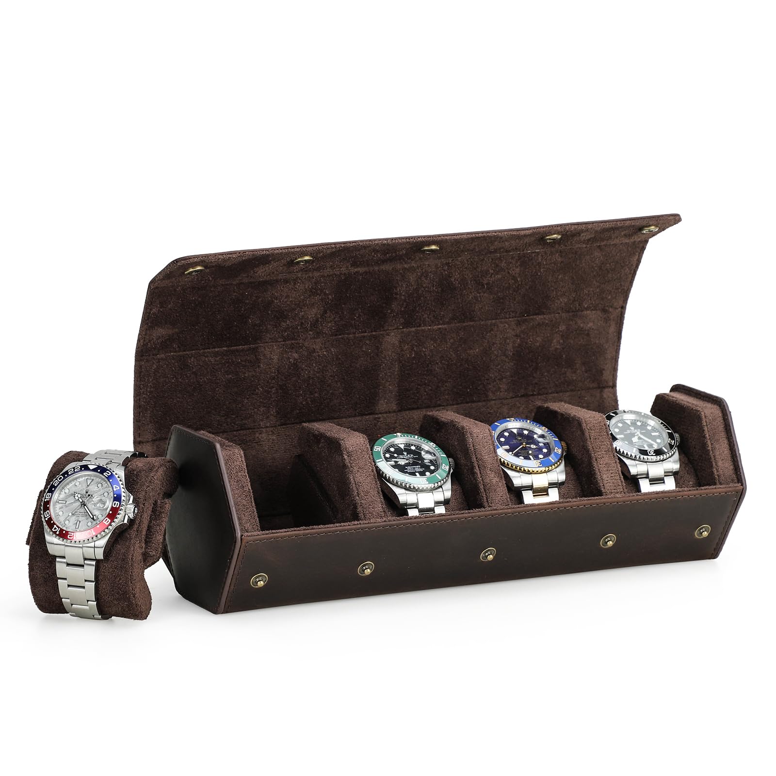 NFBCXUTKW Leather Watch Box, Genuine Leather Hexagonal Watch Storage Roll Case, Travel Watch Organizer Case (4 Slot, Coffee)