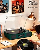 Vista 14 de Tocadiscos de vinilo con altavoces integrados de 3 velocidades, tocadiscos vintage con control de agudos y graves, conector de auriculares de 3.5mm