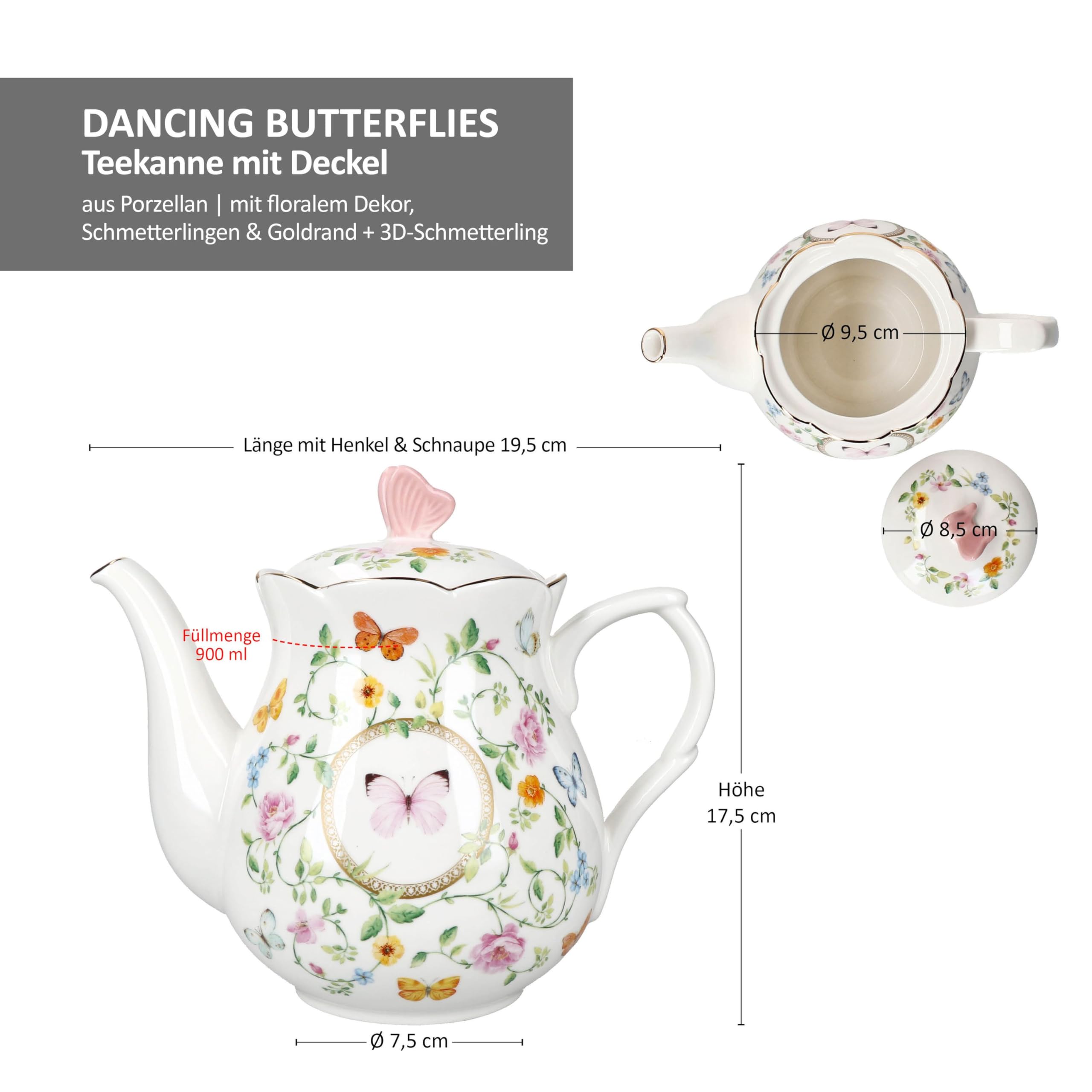MamboCat Dancing Butterflies dzbanek do herbaty z pokrywką z porcelany, 900 ml, kwiatowy dzbanek z motylami I pokrywka z motylami 3D, złote krawędzie, prezent do herbaty, kawy