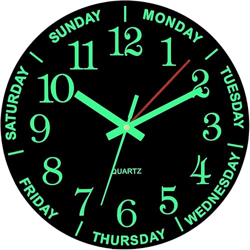 Miniatura 1 de WOOPHEN Reloj de pared luminoso de 12 pulgadas, de madera, silencioso, sin tictac, funciona con pilas, con día y semana para sala de estar,