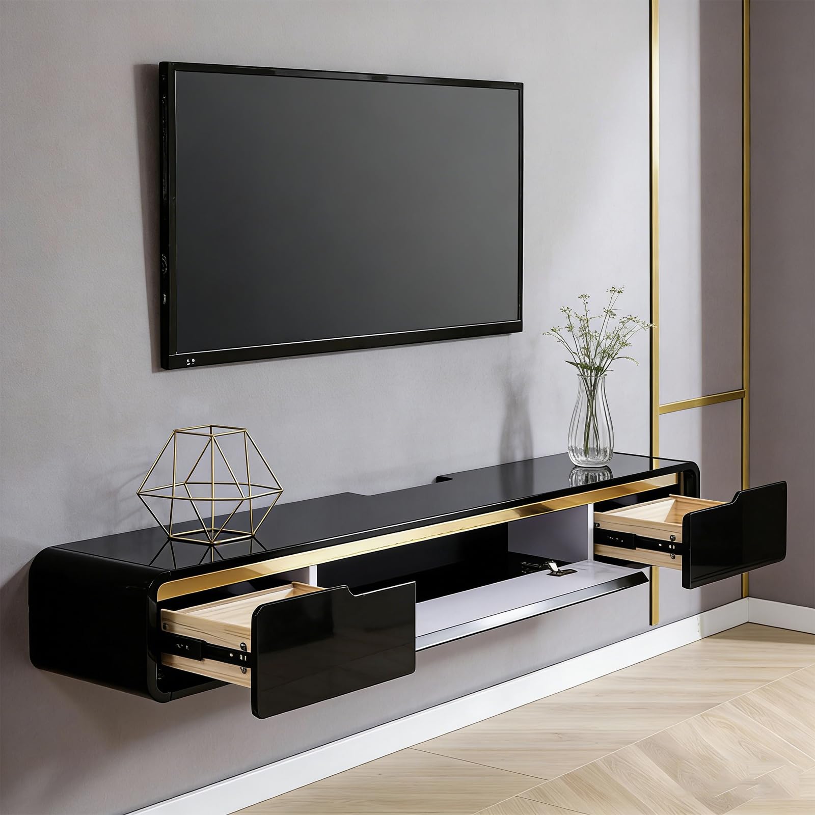 Mueble de TV Colgante de Madera Maciza, Estante Flotante Moderno con 2 Cajones, Orificios para Cables, Bordes Redondeados, Salón Dormitorio (A Negro, 140CM)