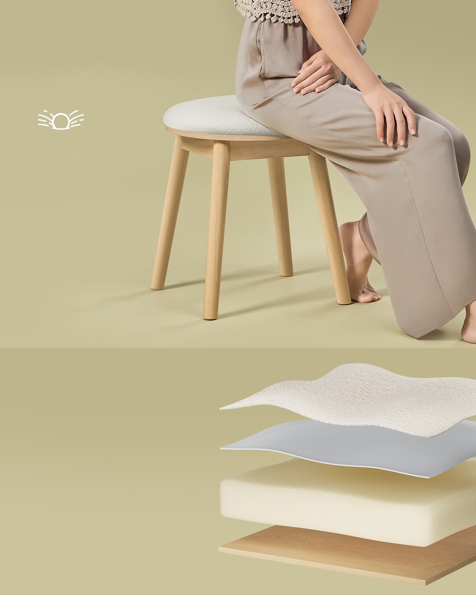 SONGMICS HOME Kolekcja BOHOVEN – Hoker do toaletki, Tapicerowany hoker do toaletki, Nogi z litego drewna, Okrągły hoker, Podnóżek, Antypoślizgowe podkładki, Kremowo-biały i dębowo-beżowy RDS007Y01