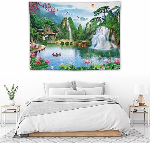 Miniatura 5 de DDCBNS Tapiz de naturaleza para colgar en la pared, bosque de montaña, lago, cascada, puesta de sol, árbol, paisaje, pájaros, tapiz para colgar en