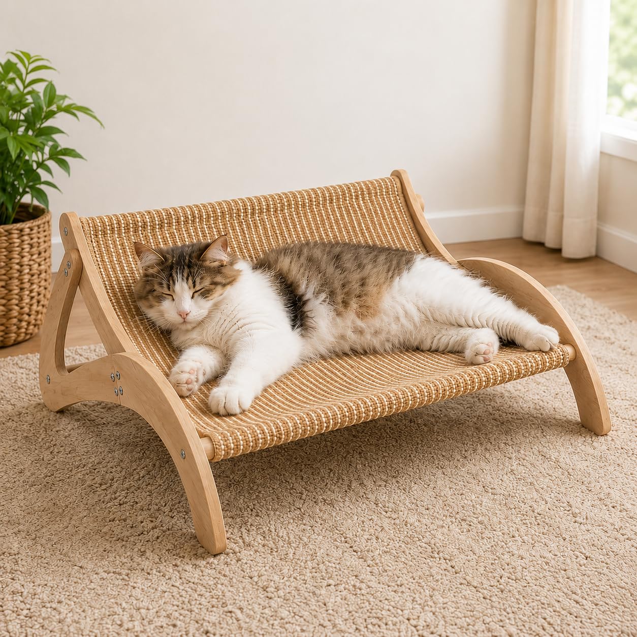 Grattoir en sisal XL avec lit tissé sans désordre et cadre en bois stable pour grand chat