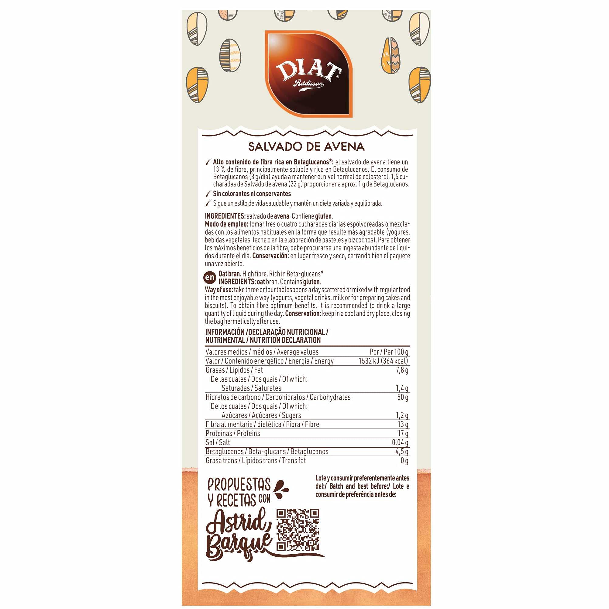 DIAT Radisson - Salvado de Avena sin Azúcar | Alto Contenido en Fibra y Betaglucanos | Salvado de Avena Natural | sin Azúcares Añadidos