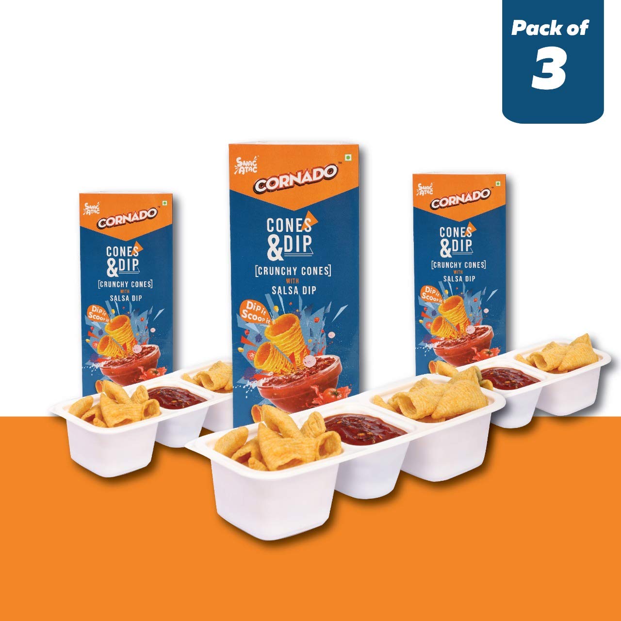 Cornado Cones & Dip Cheese Burst and Thai Chilli Rush with Salsa - Pack of 3 (210g)