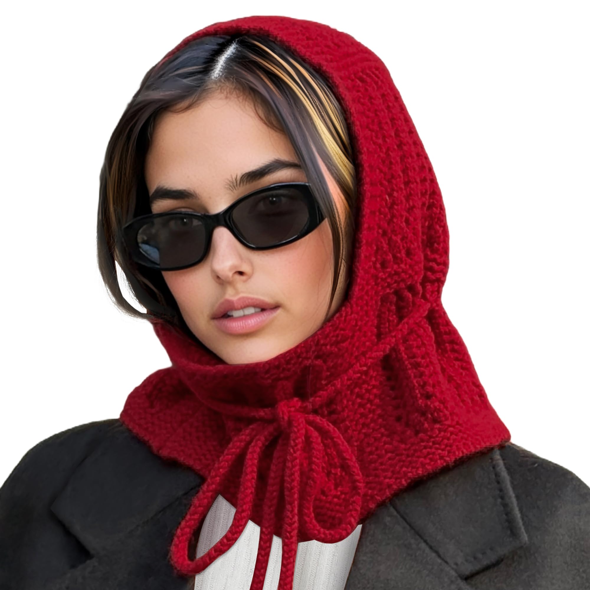 ACUSHLA 100% Merino Wool Fashion Balaclava for Women Soft Warm Light Hooded Scarf Knitted Hat and Scarf in One, Red, One Size