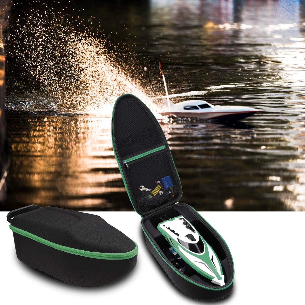 Aproca Hard Storage Travel Case for Force 1 Remote Control Boats H102 (Black-Green Zipper)