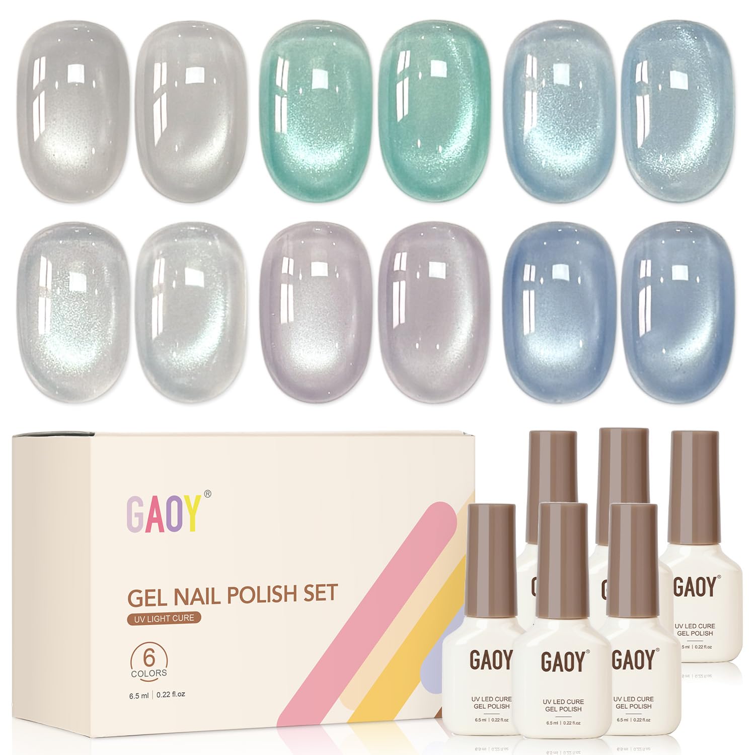 GAOY Cat Eye Gel Nail Polish Set with Magnet, 6Pcs Silver Blue Green Icy Summer Holographic Cat Eye, Reflective Translucent UV Gel, Sea Splash