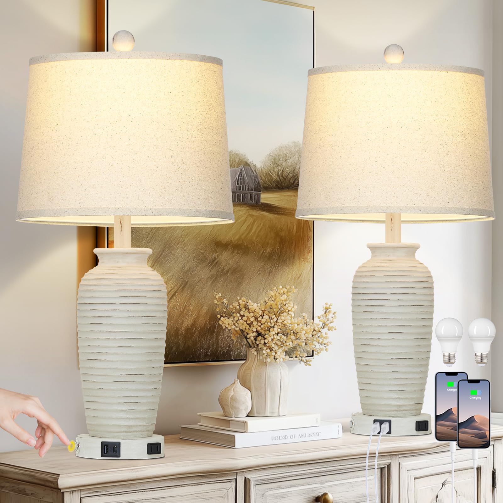 CINSARY 25" Retro White Farmhouse Jar Table Lamps Set of 2, 3 Way Touch Control Rustic Bedside Lamps with USB A+C Ports & AC Outlet, Pot Nightstand Lamps for Bedroom Living Room (LED Bulbs Included)