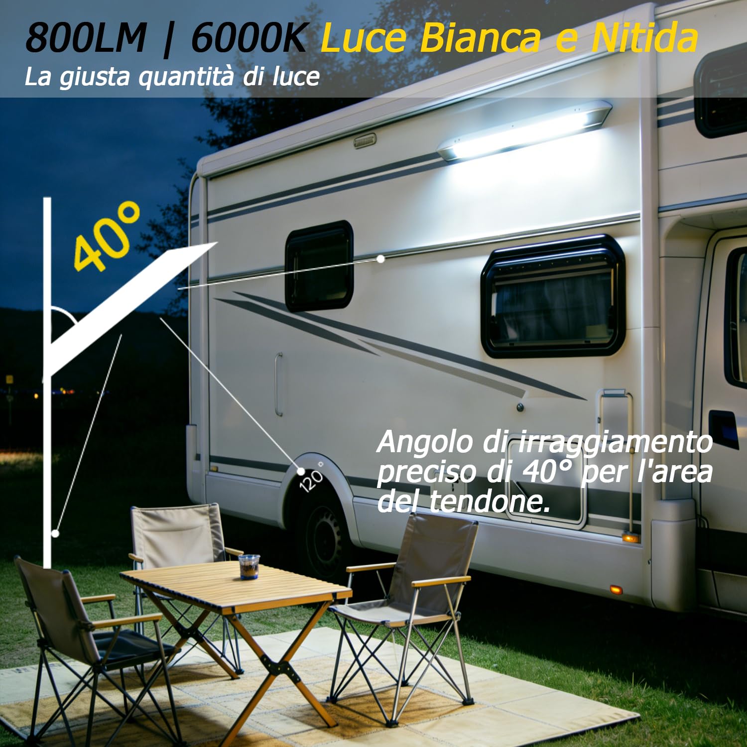 D-lite Luce LED Esterna per Camper, Barra LED 12v 55CM in Alluminio | Luce Bianca 6000K, IP66 Impermeabile, Bianca, Illuminazione LED per Veranda Tendalino Furgone, Montaggio a Parete