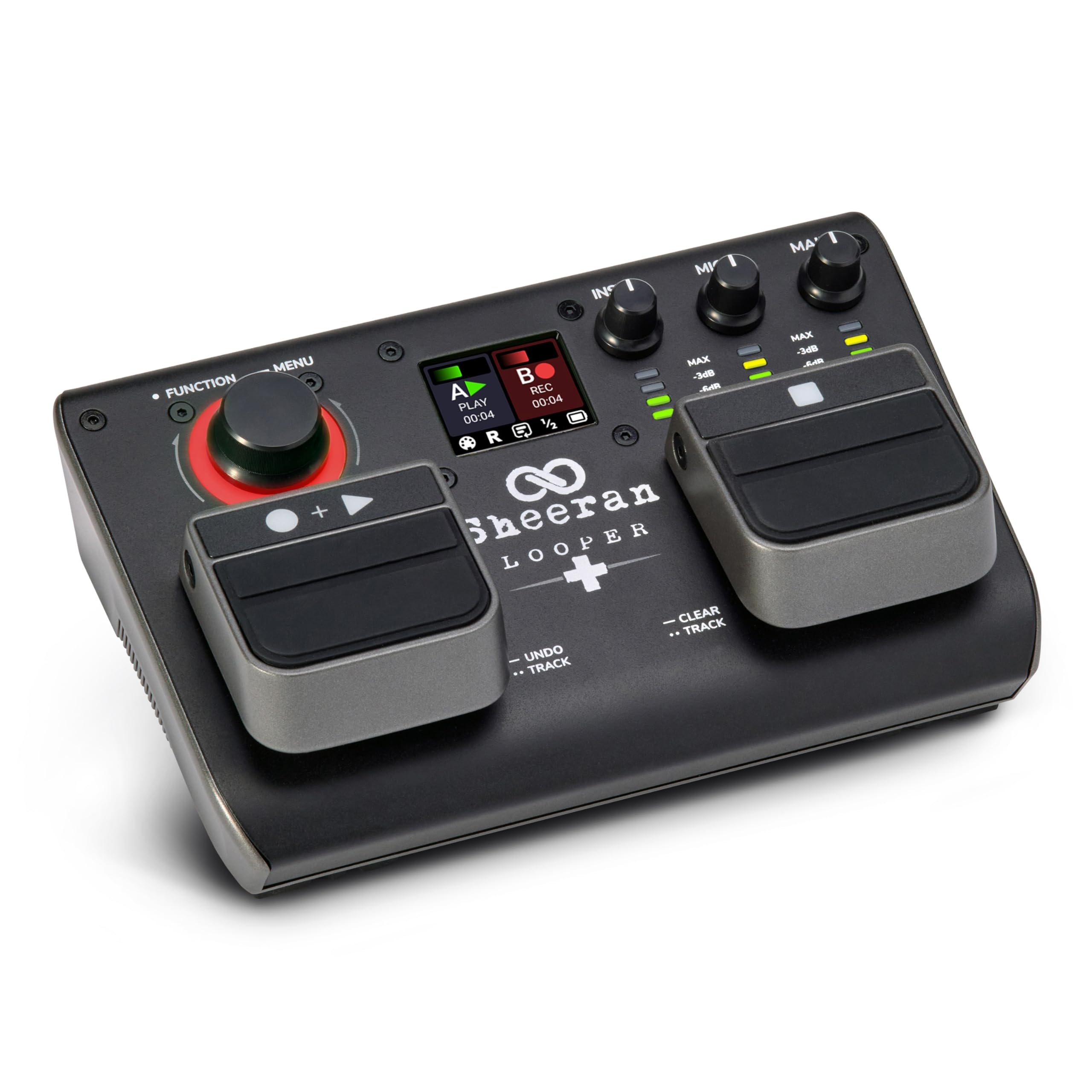 SHEERAN LOOPER + Pedale Due Tracce per Chitarra, Basso, Tastiere, Voce, ecc. 128 Memorie Loop, 4 Modalità di Looping, Schermo LCD e Interfaccia Audio
