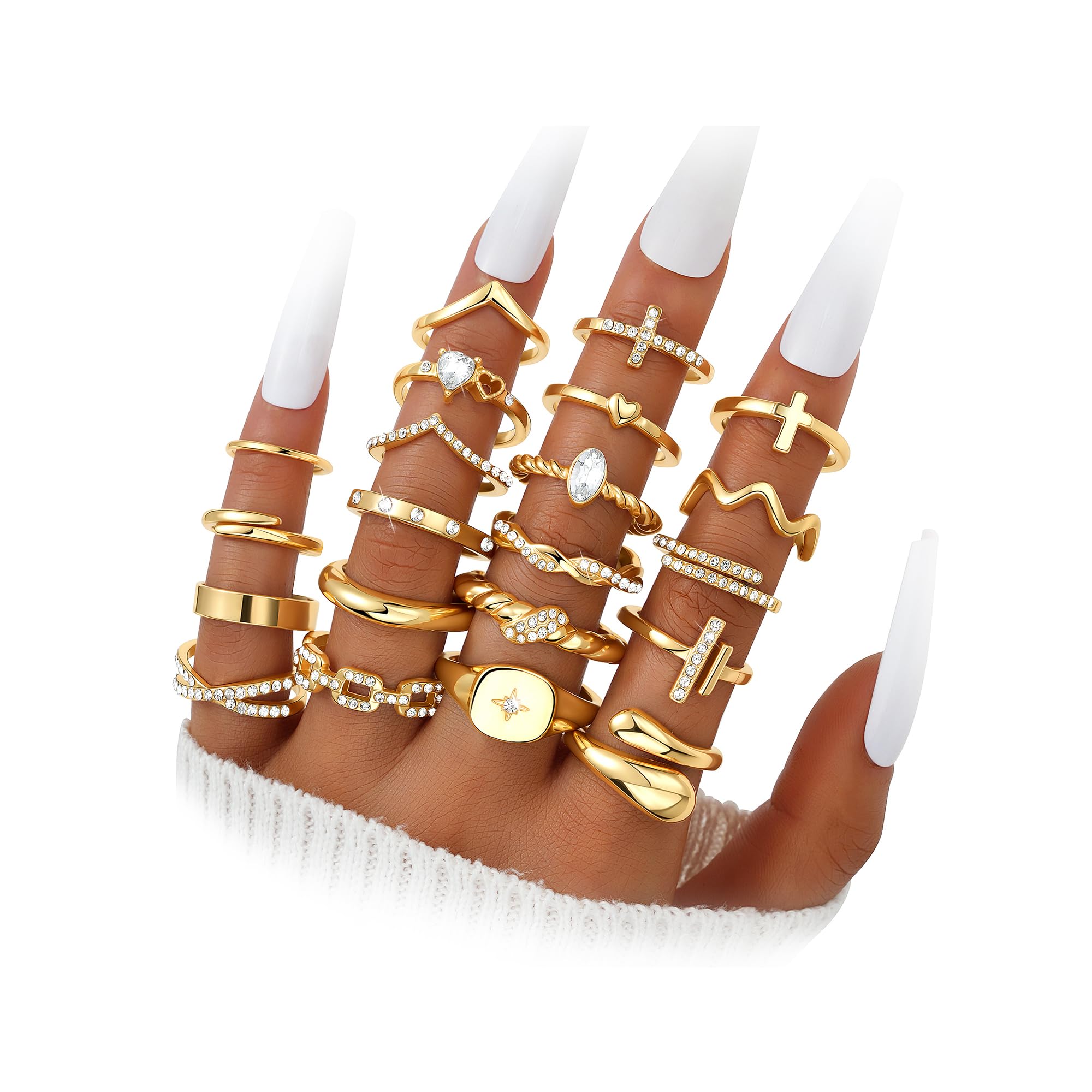 Dodder Gold Stackable Rings Set for Women, Gold Plated Chunky Crystal Finger Midi Stacking Rings, Dainty Statement Thumb Knuckle Rings Pack for Gift, Multiple Sizes Jewelry Gold 21 Pcs