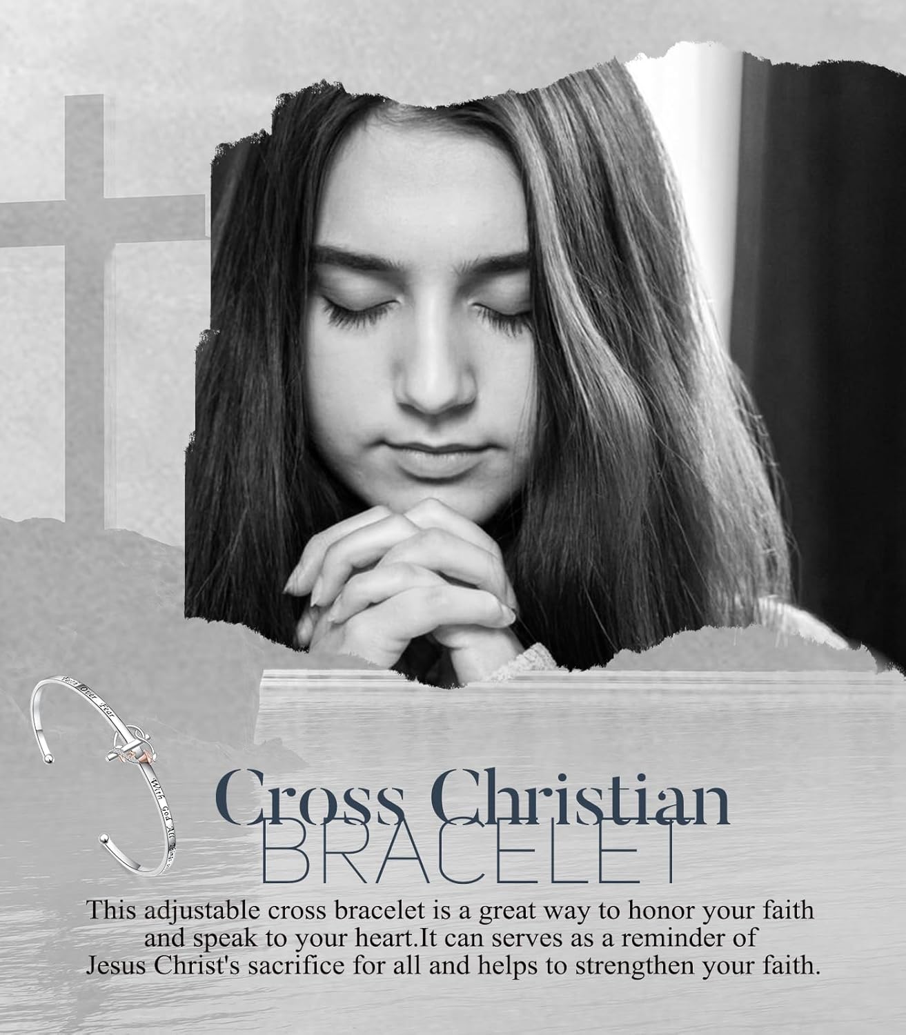 Ladytree Cross Cuff Bracelet for Women Faith over Fear Bangle 925 Sterling Silver with God All Things are Possible Christian Confirmation Jewelry Gift - Image 3