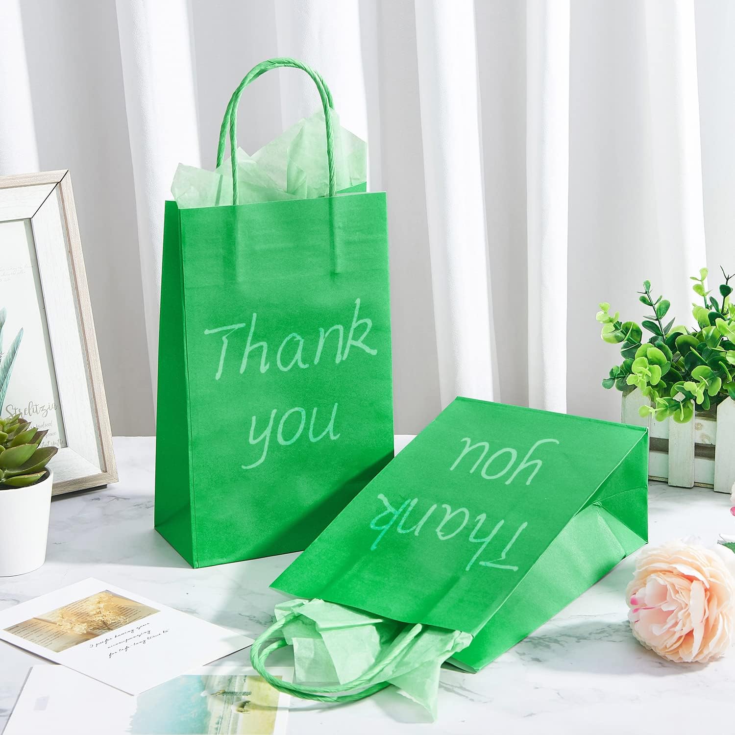 DjinnGlory 24 Pack Small Green Paper Gift Bags with Handles and Tissue Paper for Party Favors, Goodies, Small Business, Merchandises, 9x5.5x3.15 Inch - Image 7