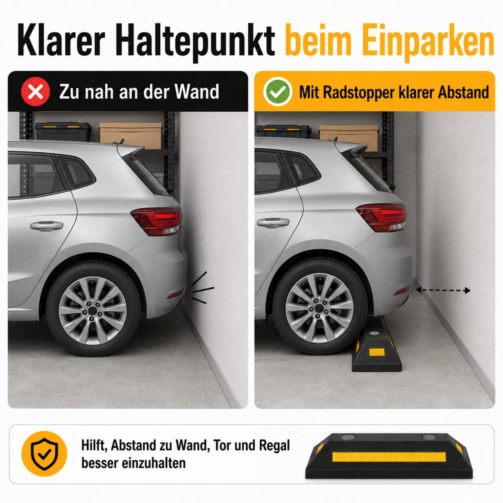 4 Stück Gummi Radstopper 54 x 15 x 9 cm mit Bodenankern | Präzise Einparkhilfe aus wetterbeständigem Gummi mit Reflektorstreifen für Garage, Stellplatz und Außenbereich.