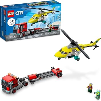 LEGO City Rescue Helicopter Transport 60343 Building Kit for Children Aged 5 and Up, Featuring a Toy Truck with a Helicopter Trailer, Plus Driver and Pilot Minifigures 215 Pieces